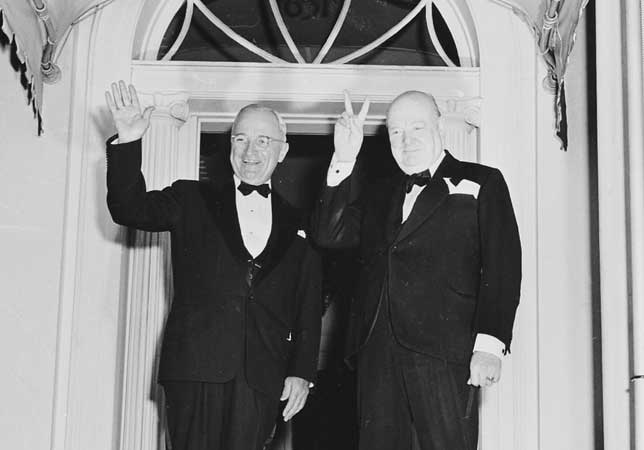 US President Harry S. Truman and UK Prime Minister Winston Churchill doing the V Sign