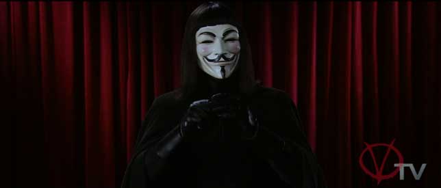 V wearing the iconic Guy Fawkes mask
